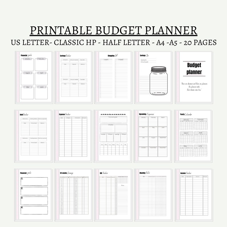 May include: A printable budget planner with various financial tracking pages. The planner includes sections for financial goals, savings, expenses, and debt tracking. The text on the top says "PRINTABLE BUDGET PLANNER".