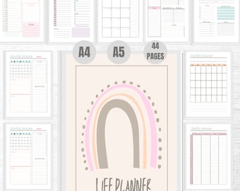 May include: A printable life planner with a rainbow design. The planner includes daily, weekly, and monthly pages. The cover features a rainbow with pink, orange, and brown colors. The text "LIFE PLANNER" is written below the rainbow.