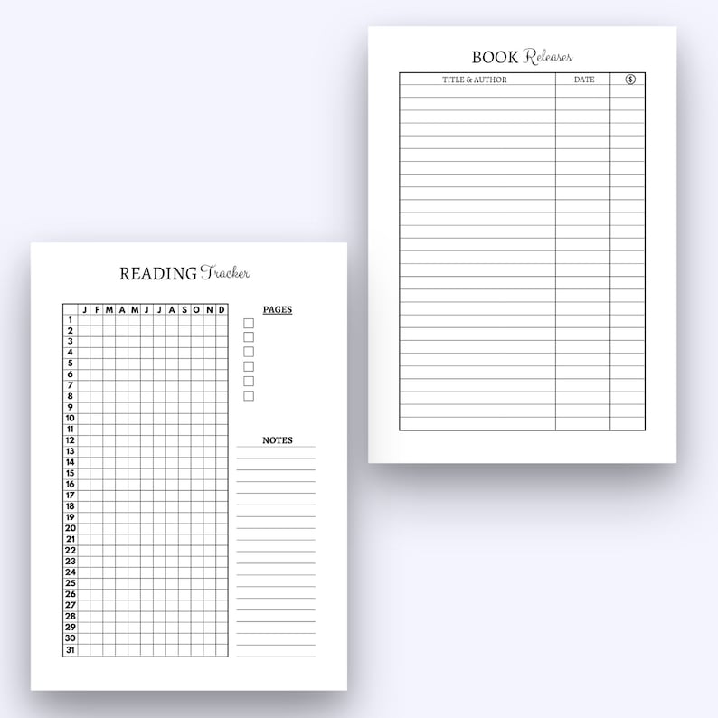K&ouml;nnte beinhalten: Ein druckbarer Lese-Tracker und ein Buch-Release-Log. Der Lese-Tracker hat ein Raster f&uuml;r jeden Tag des Monats und eine Spalte f&uuml;r Notizen und gelesene Seiten. Das Buch-Release-Log hat Spalten f&uuml;r Titel und Autor, Datum und die Nummer 5.