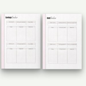 May include: A two-page spread from a planner with a pink striped border. The left page is labeled "Savings Tracker" and the right page is labeled "Debt Tracker." Each page has sections for tracking financial information, including dates, amounts, and balances.