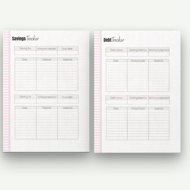 May include: A two-page spread from a planner with a pink striped border. The left page is labeled "Savings Tracker" and the right page is labeled "Debt Tracker." Each page has sections for tracking financial information, including dates, amounts, and balances.