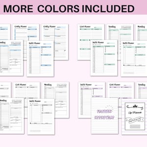 May include: A set of printable planner pages in various colours, including blue, green, and purple. The pages include daily, weekly, and work planners, as well as a life planner page with the text "Planner Essentials" and "Life Planner" in a decorative font.