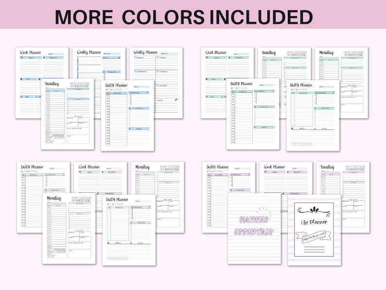 May include: A set of printable planner pages in various colours, including blue, green, and purple. The pages include daily, weekly, and work planners, as well as a life planner page with the text "Planner Essentials" and "Life Planner" in a decorative font.