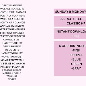 May include: A pink and white printable planner checklist with the text "SUNDAY & MONDAY START", "A5-A4-US LETTER - CLASSIC HP", "INSTANT DOWNLOAD PDF FILE", and "5 COLORS INCLUDED: -PINK -PURPLE -BLUE -GREEN -GRAY".