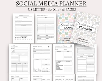 May include: A black and white social media planner with pages for planning posts, content, and campaigns. The planner includes sections for Instagram, YouTube, and weekly planning. The cover features a floral design with the text "Social Media Planner" and the quote "Anything can happen. That's the beauty of creating."