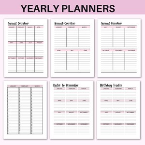 May include: A set of printable yearly planner pages with sections for annual overview, dates to remember, and birthday tracker. The pages are designed with a pink and black colour scheme.
