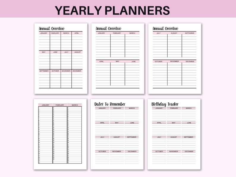 May include: A set of printable yearly planner pages with sections for annual overview, dates to remember, and birthday tracker. The pages are designed with a pink and black colour scheme.