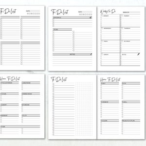 May include: A collection of white To Do List notebooks with black text. The notebooks feature sections for daily, weekly, and home tasks, with checkboxes for each item. The top left notebook has the text "To Do List".