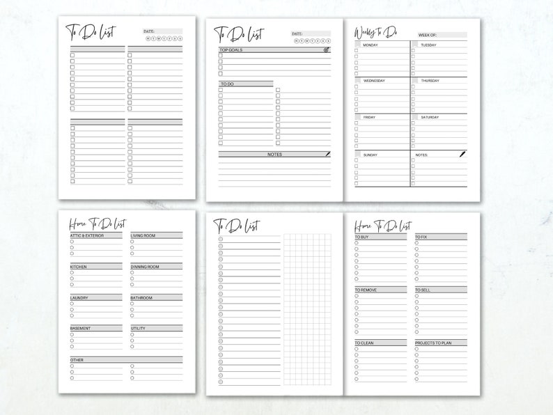 May include: A collection of white To Do List notebooks with black text. The notebooks feature sections for daily, weekly, and home tasks, with checkboxes for each item. The top left notebook has the text "To Do List".