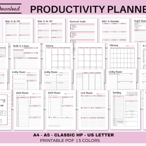 productivity planner ADHD planner for adults daily planner weekly planner monthly planner bundle A4 A5 us letter classic hp inserts pdf