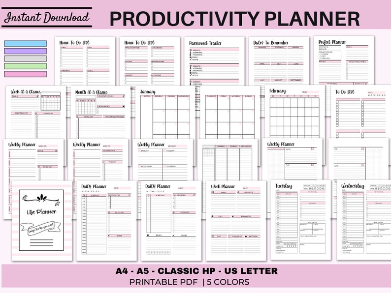 Produktivitätsplaner, ADHS-Planer für Erwachsene, Tagesplaner, Wochenplaner, Monatsplaner, Bündel A4, A5, US-Letter, klassische HP-Einlagen, PDF Bild 1