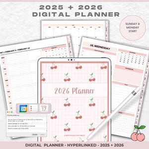 Puede incluir: Planificador digital con un patrón de cerezas rosas y el texto "2026 Planner". La imagen incluye páginas de calendario, un lápiz óptico y el texto "2025 + 2026 DIGITAL PLANNER". El planificador es hipervinculado y comienza el domingo y el lunes.
