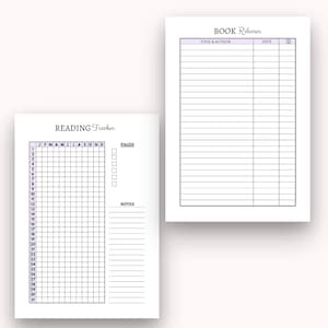 May include: A printable reading tracker and book release log. The reading tracker has a grid for logging books read each month of the year. The book release log has columns for title and author, and date.