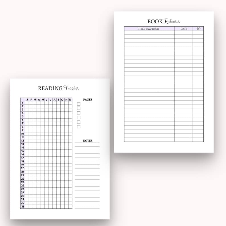 May include: A printable reading tracker and book release log. The reading tracker has a grid for logging books read each month of the year. The book release log has columns for title and author, and date.
