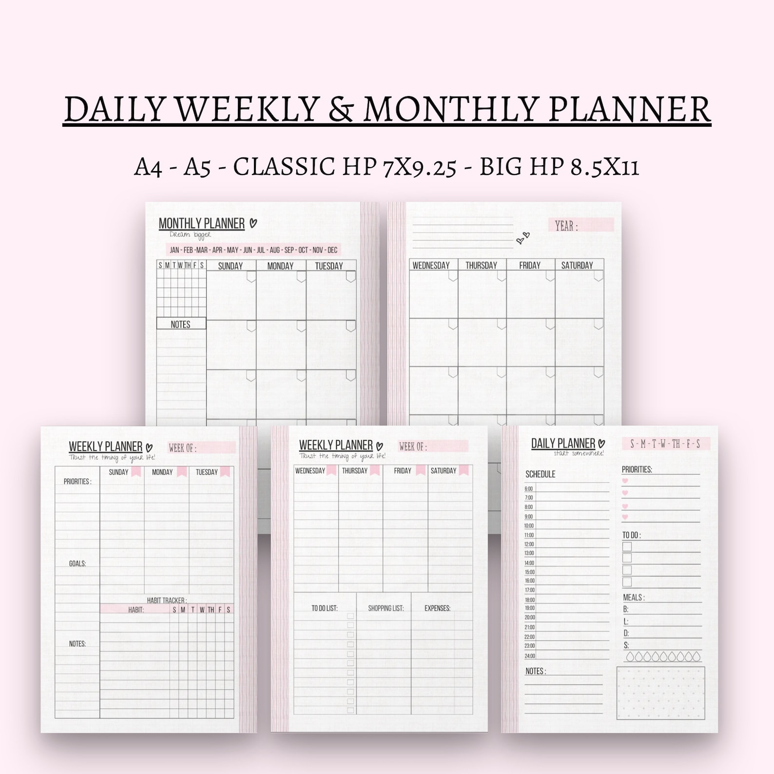 Daily Weekly Monthly Planner Printable: A4, A5, HP (PDF File) - Etsy