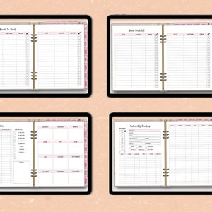 May include: Four printable digital planner pages with pink and gold accents. The pages are titled "Books to Read", "Book Wishlist", "Reading Tracker", and "Coteriely Reading".