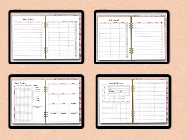 May include: Four printable digital planner pages with pink and gold accents. The pages are titled "Books to Read", "Book Wishlist", "Reading Tracker", and "Coteriely Reading".