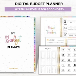 May include: A digital budget planner with a white cover and colorful tabs. The cover has a white background with a rainbow-colored text that says "MY Budget PLANNER". The planner is designed for use with the Goodnotes app.