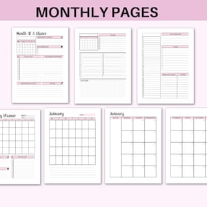 May include: A set of printable monthly planner pages with different layouts. The pages include a monthly calendar, a monthly overview, and a daily planner. The pages are designed in a minimalist style with black and white text and a pink accent colour.