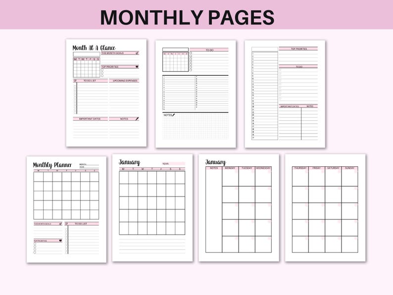 May include: A set of printable monthly planner pages with different layouts. The pages include a monthly calendar, a monthly overview, and a daily planner. The pages are designed in a minimalist style with black and white text and a pink accent colour.