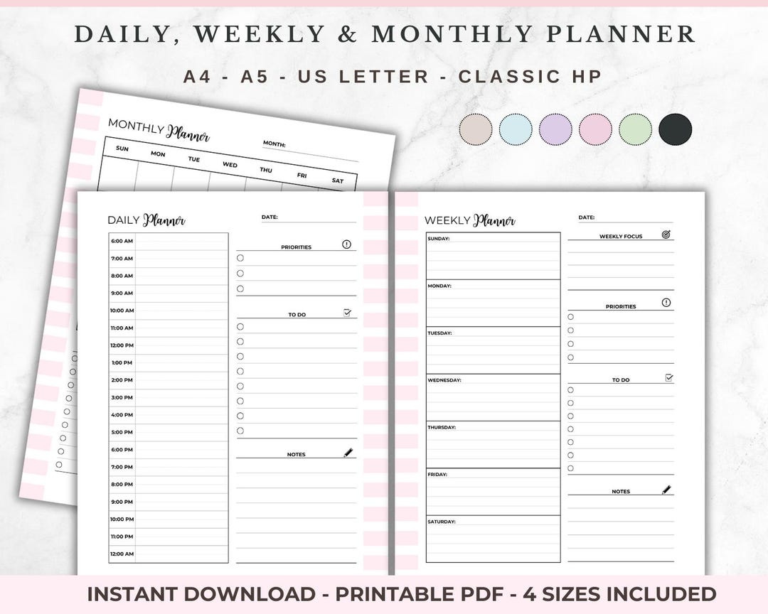 Daily Weekly Monthly Planner Bundle: A4 A5 US Letter, Classic HP ...