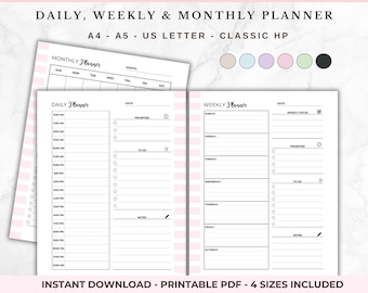 Daily Weekly Monthly Planner Bundle: A4 A5 US Letter, Classic HP (Printable PDF)