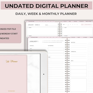May include: A digital planner with a pink cover and the text "Life Planner" on the front. The planner includes daily, weekly, and monthly views. The planner is undated and can be used for any year.