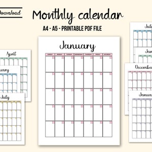 Monthly calendar printable monthly calendar undated one page calendar A5 A4 monthly planner colorful monthly pages instant download pdf
