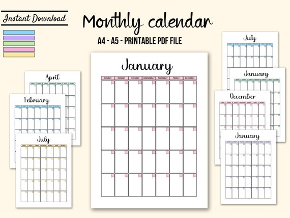 monthly calendar printable monthly calendar undated one page etsy