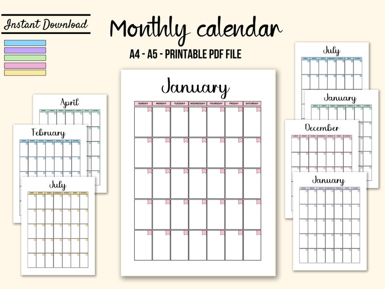 Undated Monthly Calendar Printable: A4 A5 Colorful Planner (PDF) - Etsy