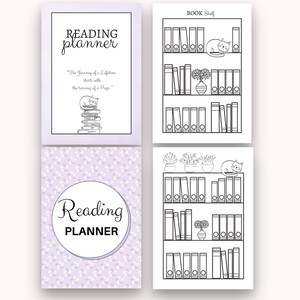 May include: A printable reading planner with a purple background and a cat illustration. The planner has a title that says "Reading Planner" and a quote that says "The Journey of a Lifetime starts with the turning of a Page."
