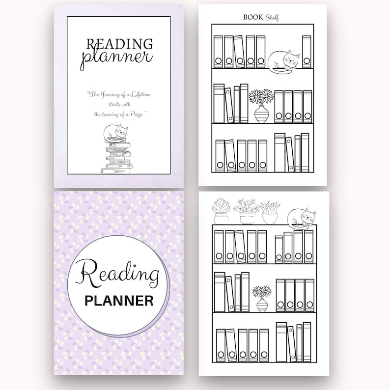 May include: A printable reading planner with a purple background and a cat illustration. The planner has a title that says "Reading Planner" and a quote that says "The Journey of a Lifetime starts with the turning of a Page."