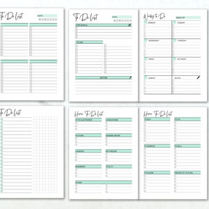 May include: A set of white paper planners with various "To Do List" layouts. Each page features a minimalist design with black text and light teal accents. The planners include sections for daily, weekly, and home-related tasks, with checkboxes for easy tracking.