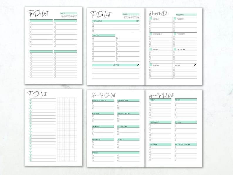 May include: A set of white paper planners with various "To Do List" layouts. Each page features a minimalist design with black text and light teal accents. The planners include sections for daily, weekly, and home-related tasks, with checkboxes for easy tracking.