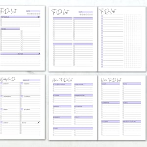 May include: A set of six white paper To Do List planners with lavender accents. Each planner has a different layout, including sections for top goals, weekly tasks, and home-related tasks. The text "To Do List" is at the top of each page.