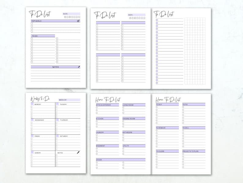 May include: A set of six white paper To Do List planners with lavender accents. Each planner has a different layout, including sections for top goals, weekly tasks, and home-related tasks. The text "To Do List" is at the top of each page.
