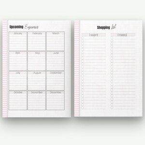 May include: A planner with two facing pages. The left page is titled "Upcoming Expenses" and has a grid for each month. The right page is titled "Shopping List" with sections for "I want" and "I need". Pink striped borders.