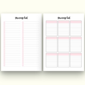 May include: Two printable grocery list pages. The left page has a single column with checkboxes and lines for writing. The right page has nine sections with checkboxes and lines for writing. The title on both pages is "Grocery List".