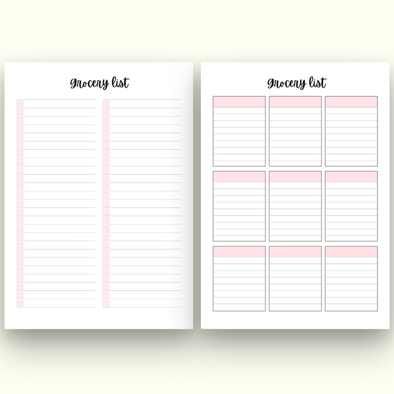May include: Two printable grocery list pages. The left page has a single column with checkboxes and lines for writing. The right page has nine sections with checkboxes and lines for writing. The title on both pages is "Grocery List".