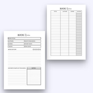 K&ouml;nnte beinhalten: Ein druckbarer Buchrezensions-Tracker mit Abschnitten f&uuml;r Buchtitel, Autor, Genre, Seitenzahl, Erscheinungsdatum, Startdatum, Enddatum, Buchrezension, Lieblingsteile des Buches und Notizen. Der Tracker enth&auml;lt auch einen Abschnitt zur Bewertung des Buches mit f&uuml;nf Sternen.