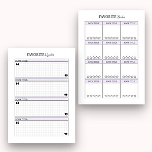 May include: Printable planner pages with a light purple background and black text. The pages are titled "Favourite Quotes" and "Favourite Books". The "Favourite Quotes" page has four sections for writing down book titles and quotes. The "Favourite Books" page has nine sections for writing down book titles and rating them with stars.