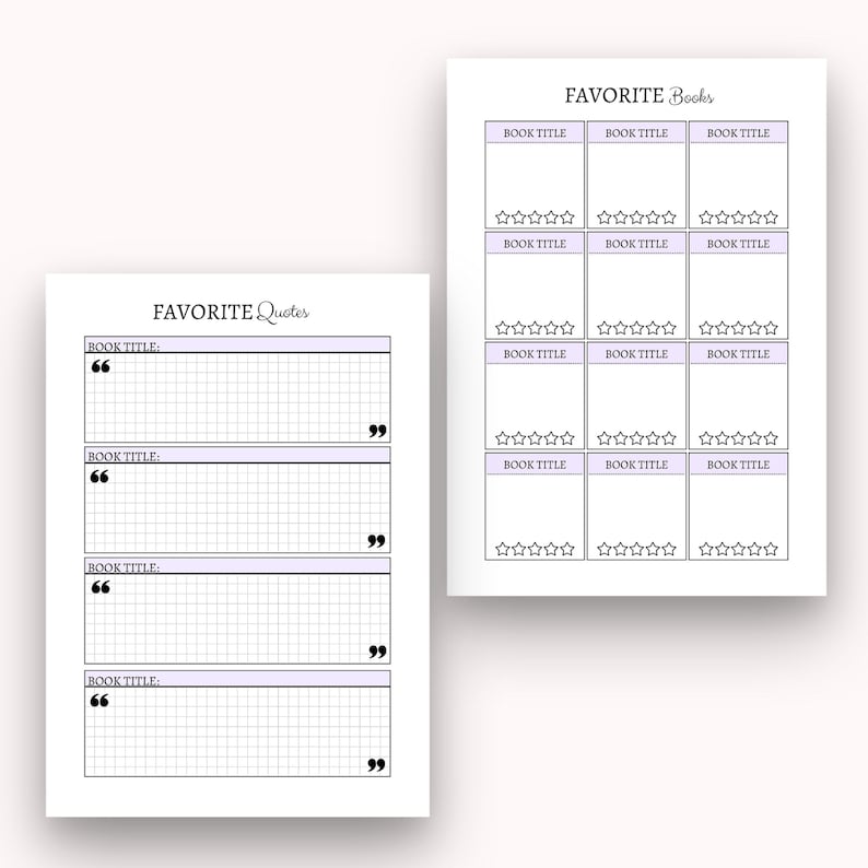 May include: Printable planner pages with a light purple background and black text. The pages are titled "Favourite Quotes" and "Favourite Books". The "Favourite Quotes" page has four sections for writing down book titles and quotes. The "Favourite Books" page has nine sections for writing down book titles and rating them with stars.