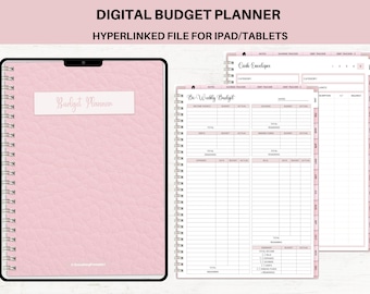 May include: A pink digital budget planner with a leather-like cover and a spiral binding. The planner includes sections for cash envelopes, bi-weekly budget, and debt tracking.