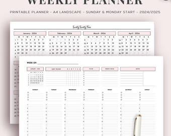 2024-2025 Weekly Planner: Hourly Schedule, A4 Landscape (PDF)