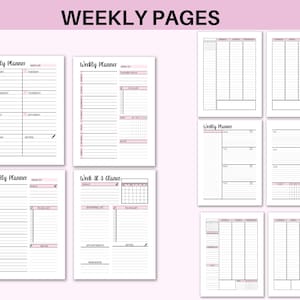 May include: A set of printable weekly planner pages with different layouts. The pages include sections for goals, to-do lists, notes, and a monthly calendar.