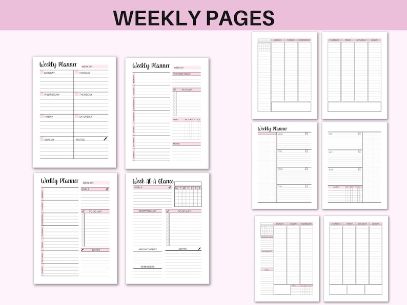 May include: A set of printable weekly planner pages with different layouts. The pages include sections for goals, to-do lists, notes, and a monthly calendar.