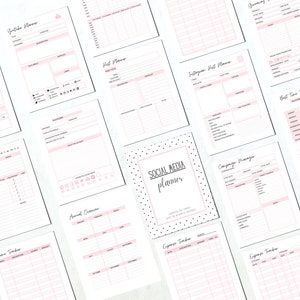 May include: A printable social media planner with black and white polka dots. The planner includes pages for Instagram post planning, YouTube planning, daily planning, annual overview, expense tracking, income tracking, campaign management, and best time to post.