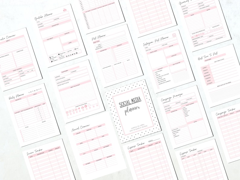 May include: A printable social media planner with black and white polka dots. The planner includes pages for Instagram post planning, YouTube planning, daily planning, annual overview, expense tracking, income tracking, campaign management, and best time to post.