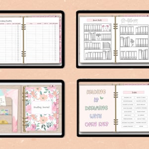 May include: A digital planner with a floral design and tabs for different sections. The planner includes pages for tracking reading lists, books read, and a reading journal. The text "Reading is Dreaming with Open Eyes" is featured on the cover.