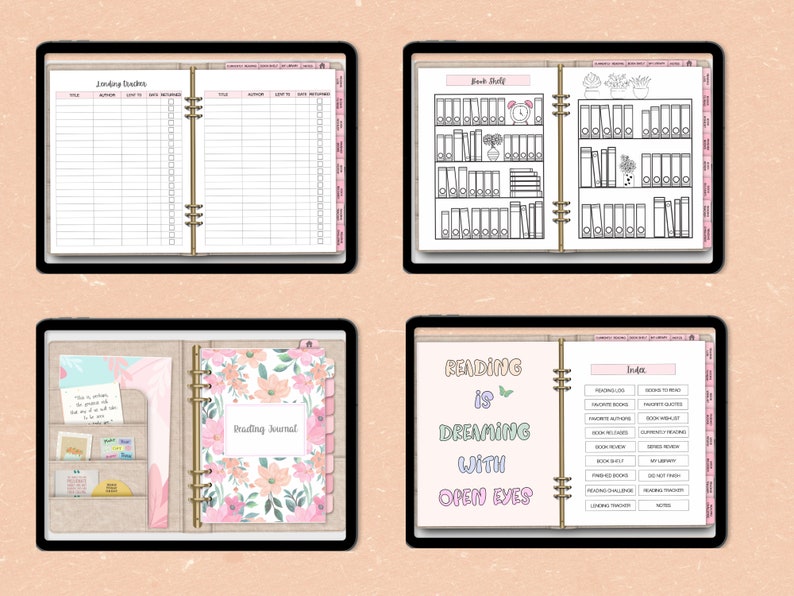 May include: A digital planner with a floral design and tabs for different sections. The planner includes pages for tracking reading lists, books read, and a reading journal. The text "Reading is Dreaming with Open Eyes" is featured on the cover.
